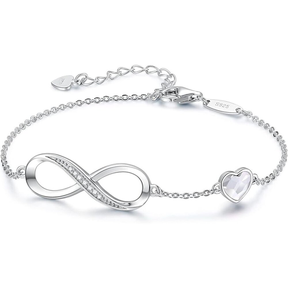 Infinity Heart Birthstone Link Bracelet - Silver White